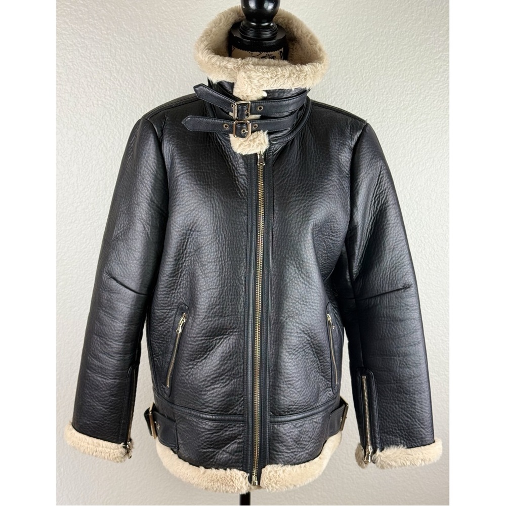 Zara Black Faux Leather Shearling Lined Aviator Jacket - Picture 3 of 12